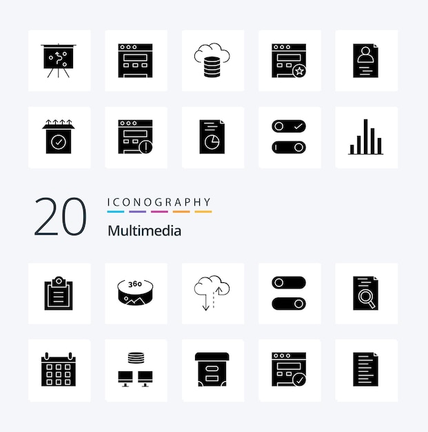 Free vector 20 multimedia solid glyph icon pack like seo hosting board cloud website