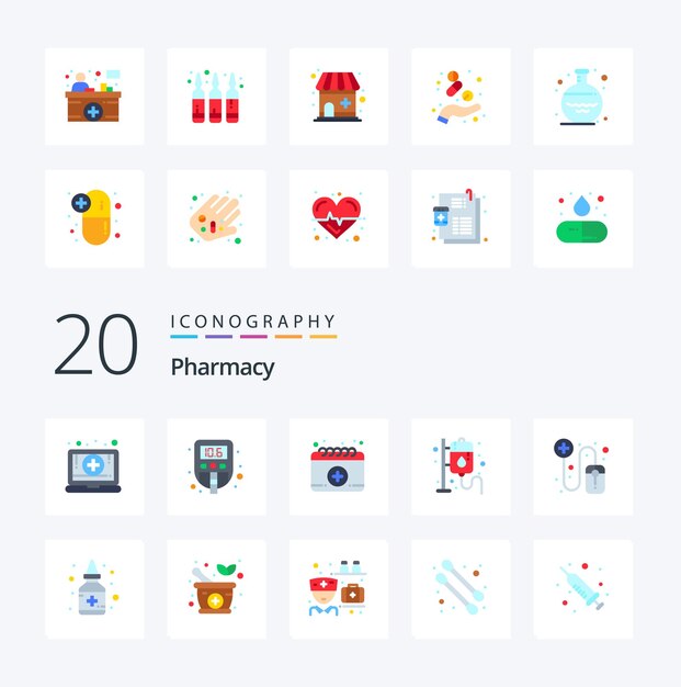 Free vector 20 pharmacy flat color icon pack like pharmacist online appointment pharmacy health