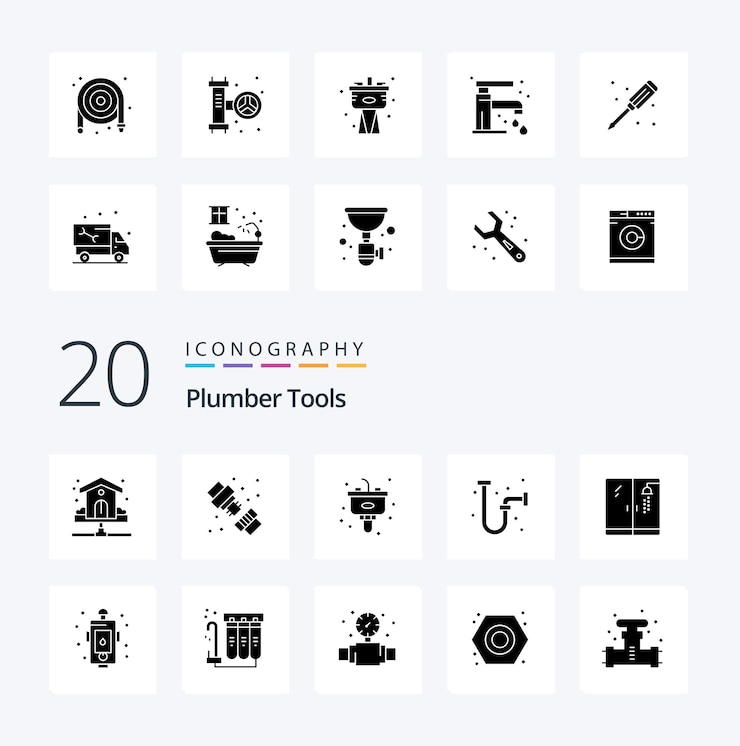 Free Vector 20 plumber solid glyph icon pack like plumber industrial plumbing drain sink
