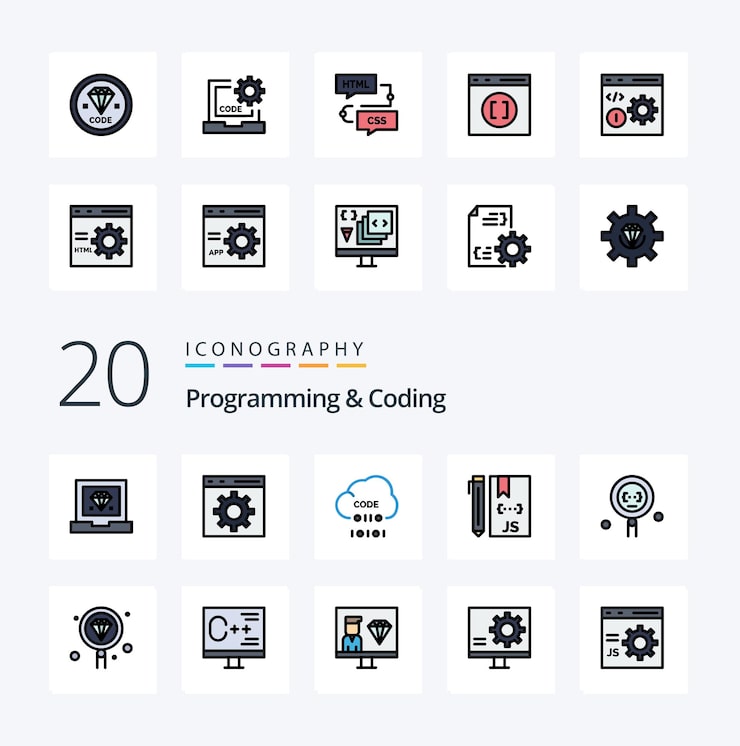 Free Vector 20 programming and coding line filled color icon pack like develop coding development search development
