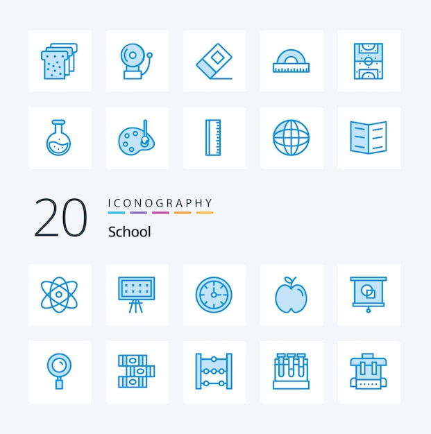 無料ベクター 20 スクール ブルー カラー アイコン パックのような教育研究アラーム スクール アップル