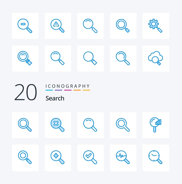 Free Vector 20 search blue color icon pack like magnifying glass magnifier setting research