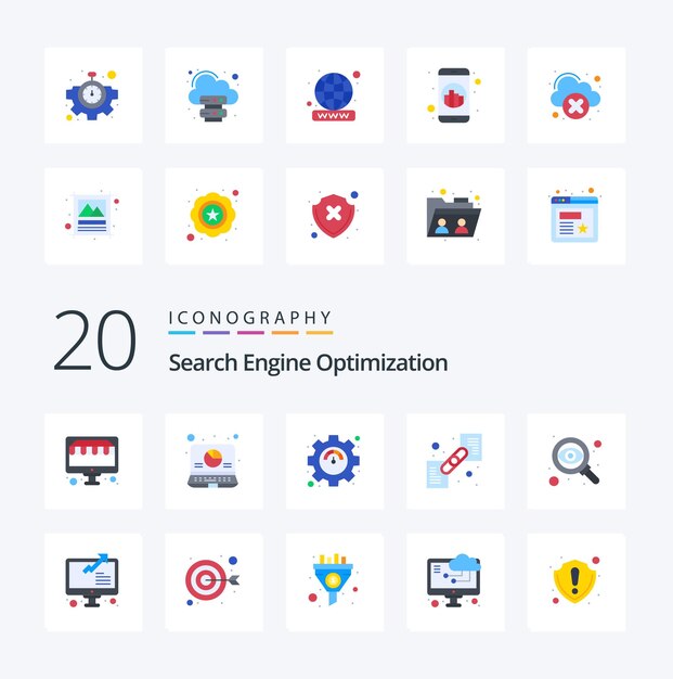 Free vector 20 seo flat color icon pack like targeting search seo url link