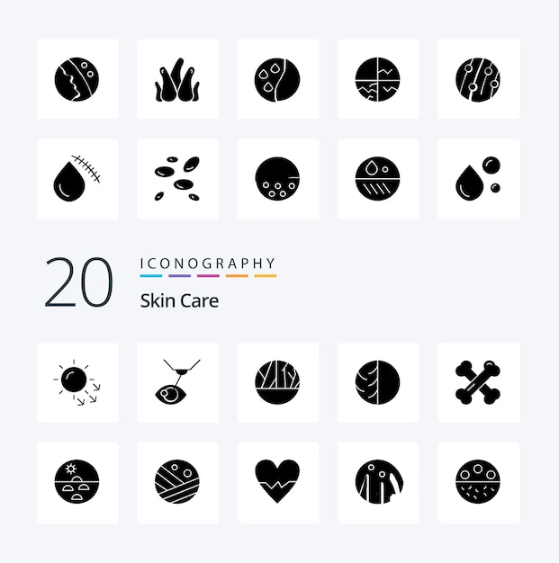 Бесплатное векторное изображение 20 skin solid glyph icon pack, похожий на кожу, кожа, инфицированная рана, сухая кожа, дерматолог