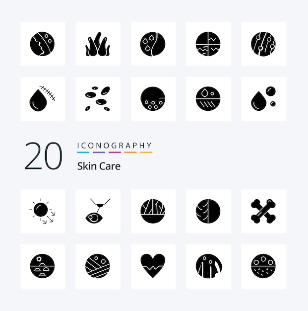 20 Skin Solid Glyph icon Pack, похожий на кожу, кожа, инфицированная рана, сухая кожа, дерматолог