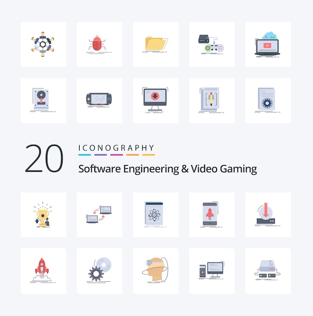 20 software engineering and video gaming flat color icon pack like start game network science developer