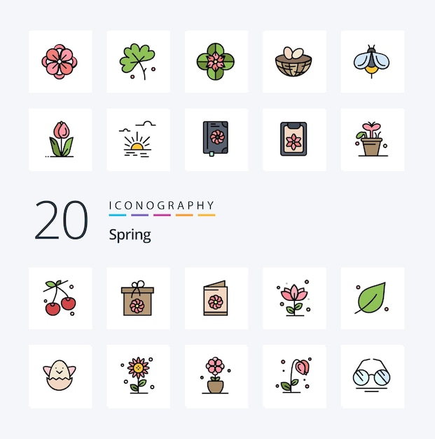 Бесплатное векторное изображение 20 spring line filled color icon pack, как пасхальный весенний цветок визитная карточка цветок анемон