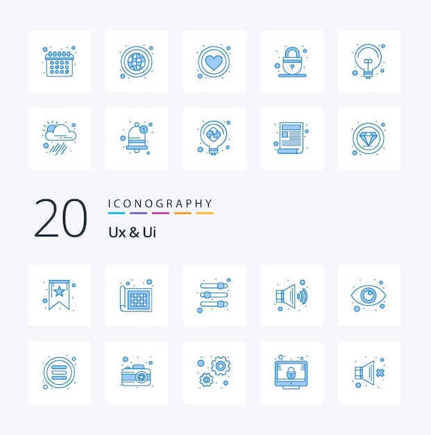 Free vector 20 ux and ui blue color icon pack like list vision parameters monitoring volume