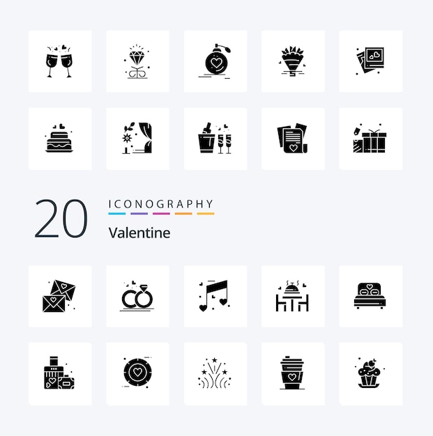 Free vector 20 valentine solid glyph icon pack like love love ring day valentine