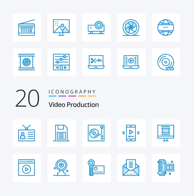 Free vector 20 video production blue color icon pack like multimedia film sd card disk