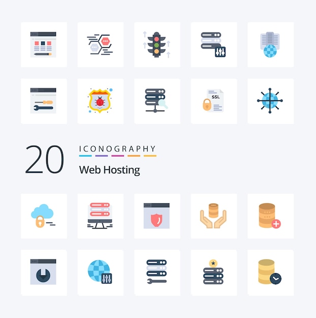 Vettore gratuito 20 web hosting flat color icon pack come sal database security server safe