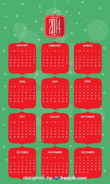 2014 calendar in christmas colors