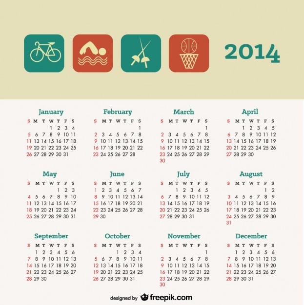 Vettore gratuito 2014 concetto di sport del calendario di design