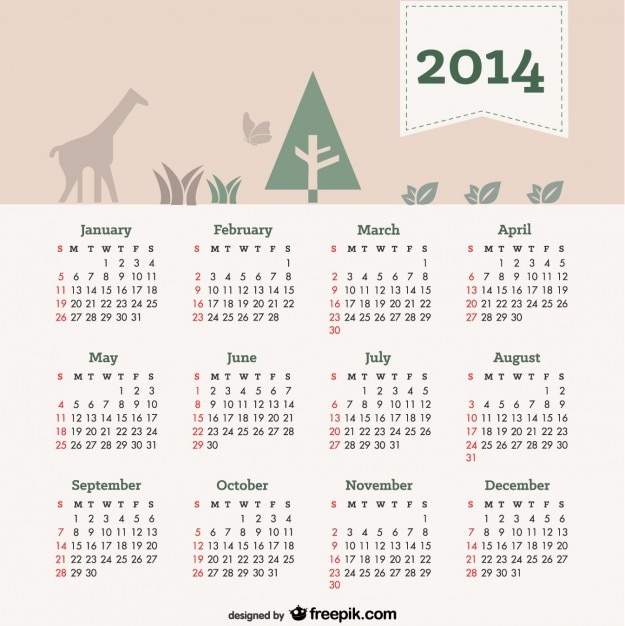 Free vector 2014 calendar with natural elements in header