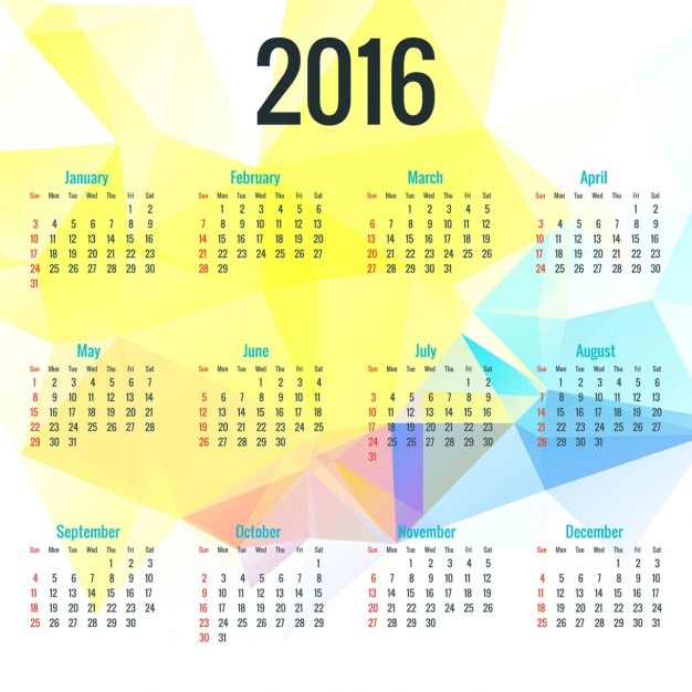 2016 calendar on polygonal background