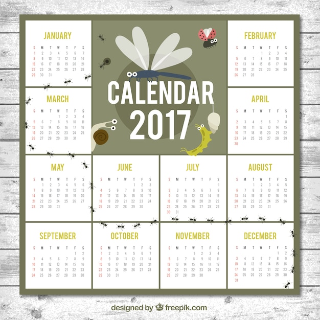 Free vector 2017 calendar with different insects