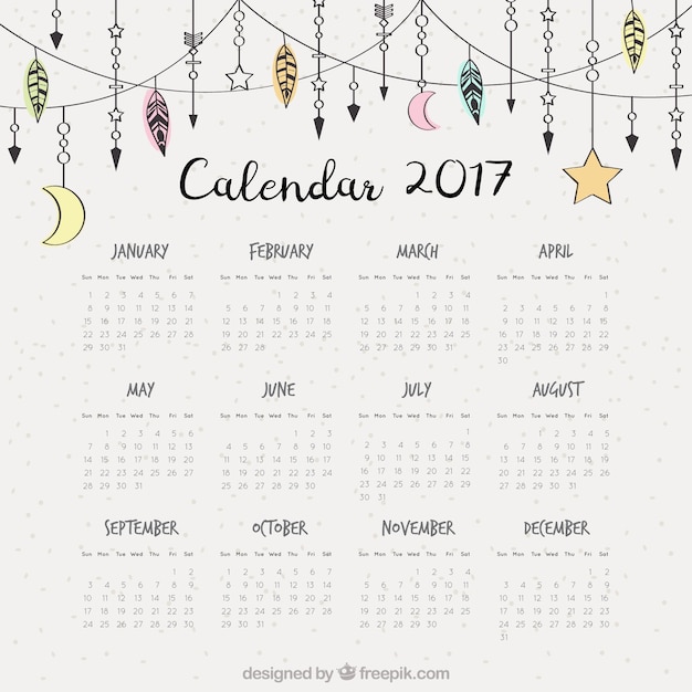 2017 calendario con ornamenti boho disegnati a mano