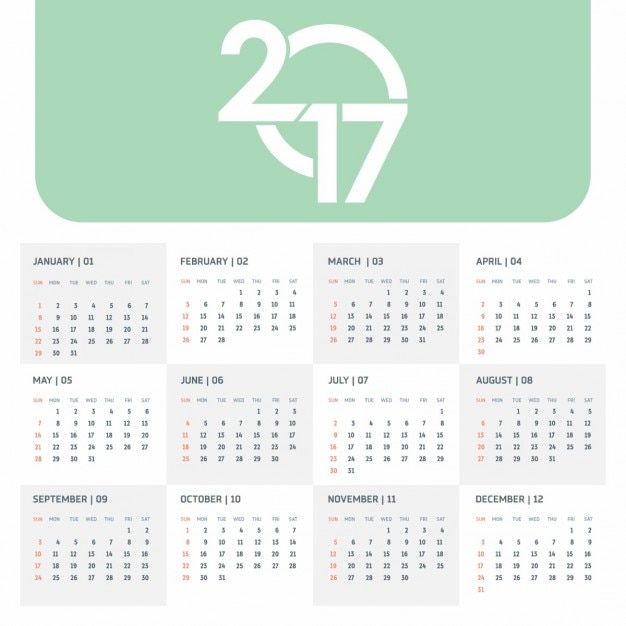 Vettore gratuito 2017 modello di calendario verde con la tipografia creativa