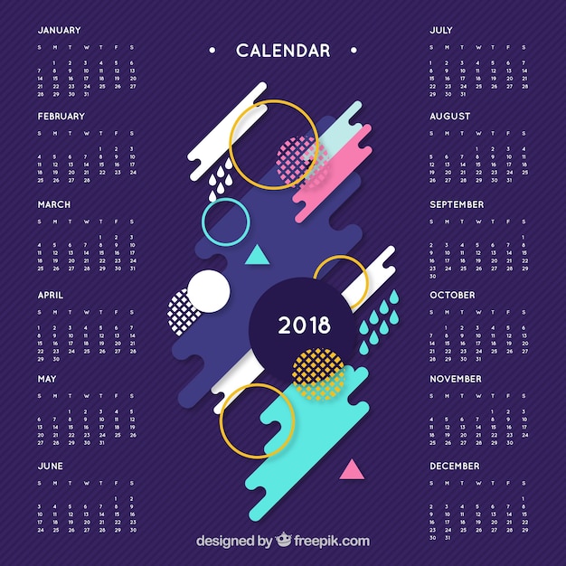 2018 calendar with abstract shapes of colors