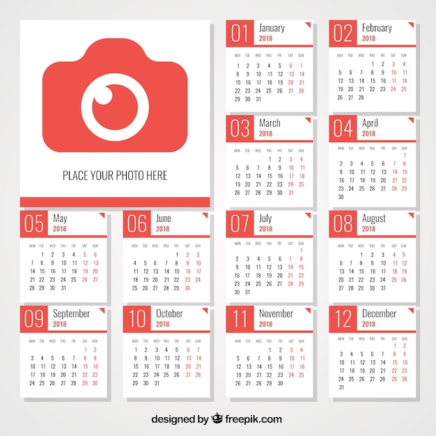 Vettore gratuito 2018 calendario con fotocamera