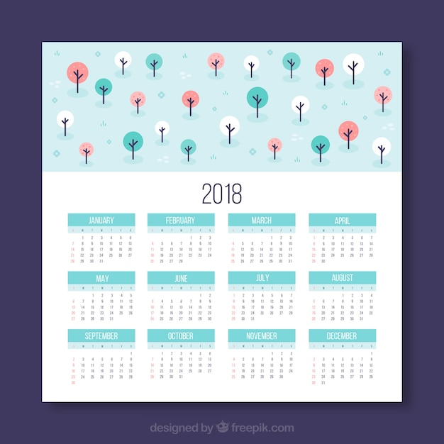 Vettore gratuito 2018 calendario con alberi colorati
