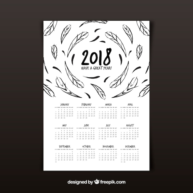 無料ベクター 2018カレンダー（羽毛付）