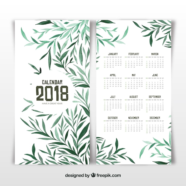 2018 календарь с зелеными листьями