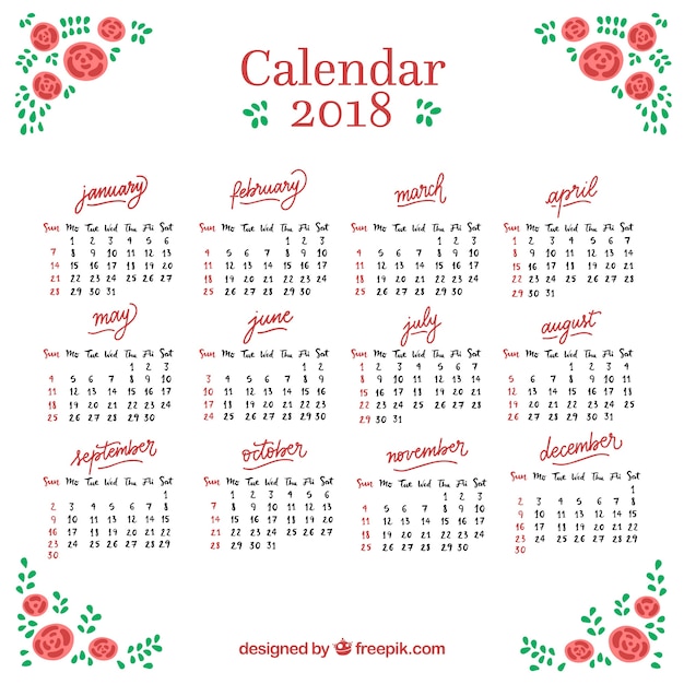 2018 calendar with hand drawn roses | Free Vector