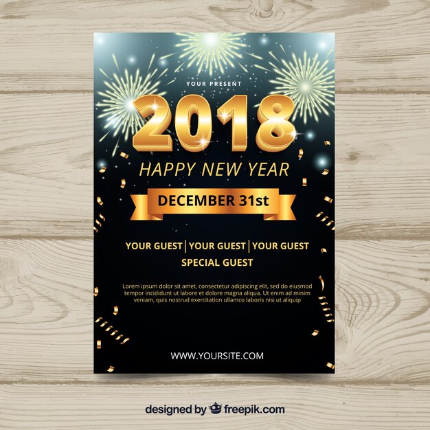 2018 new year's party flyer with golden fireworks