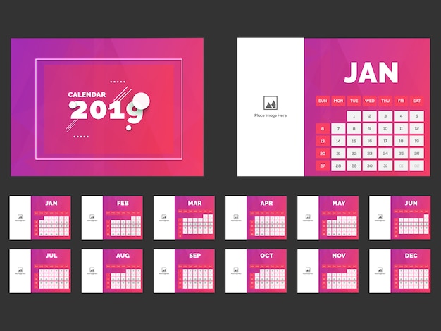 2019 calendar design, set of 12 months.