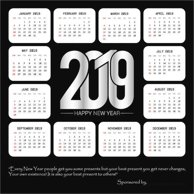 Vettore gratuito progettazione del calendario 2019 con il vettore nero del fondo