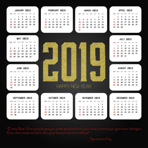 2019 calendar design with black background vector