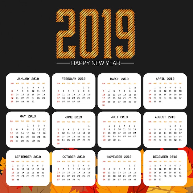 2019 calendar design with black background vector