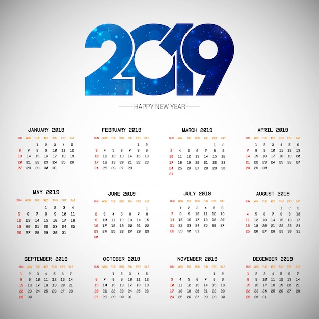 Free vector 2019 calendar design with light background vector