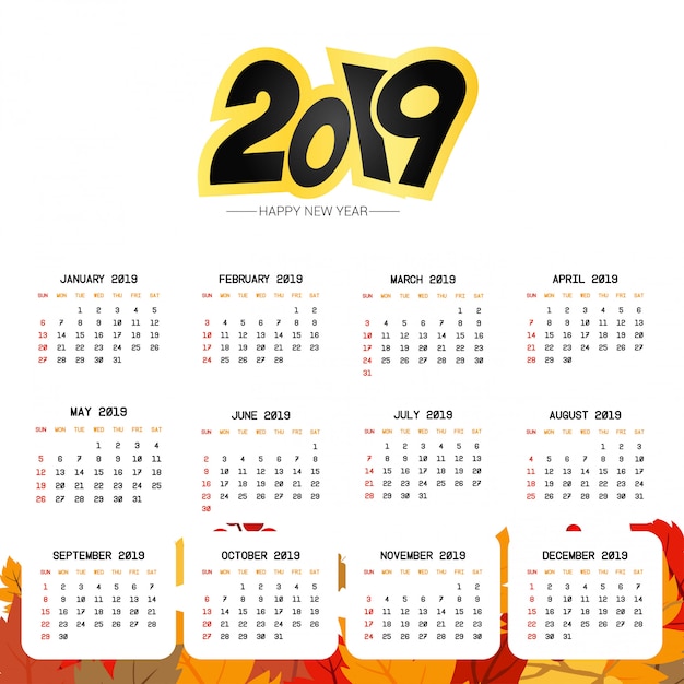 Free vector 2019 calendar design with light background vector