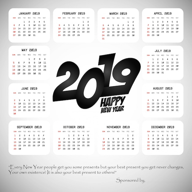Бесплатное векторное изображение 2019 календарь с легким фоном