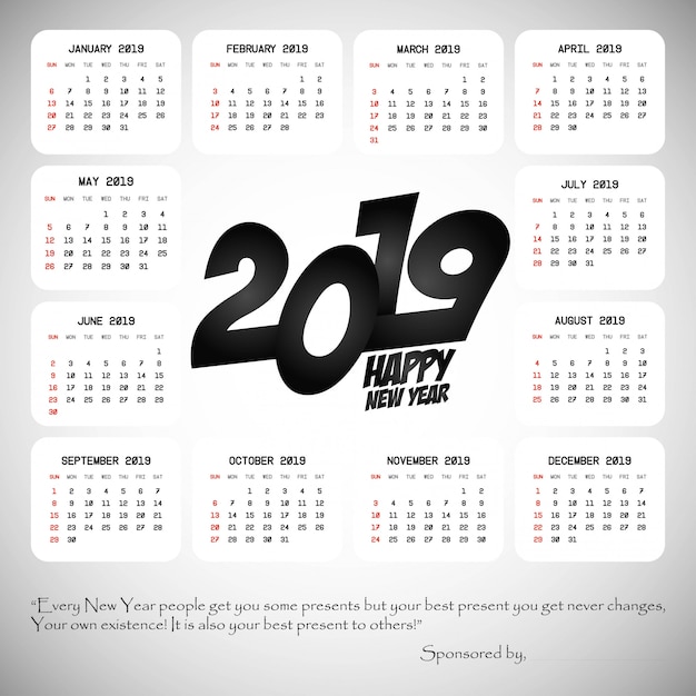 Free vector 2019 calendar design with light background vector