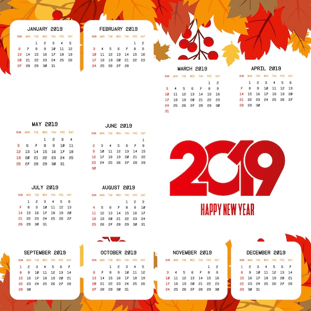 Vettore gratuito progettazione del calendario 2019 con il vettore leggero del fondo