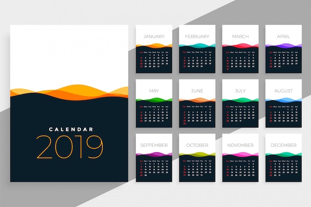 2019 calendar template with colorful waves