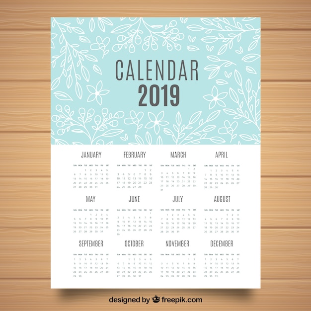 Vettore gratuito calendario 2019 con elementi floreali