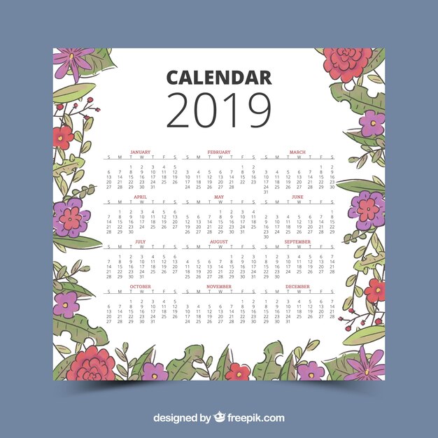 2019 calendar with floral elements