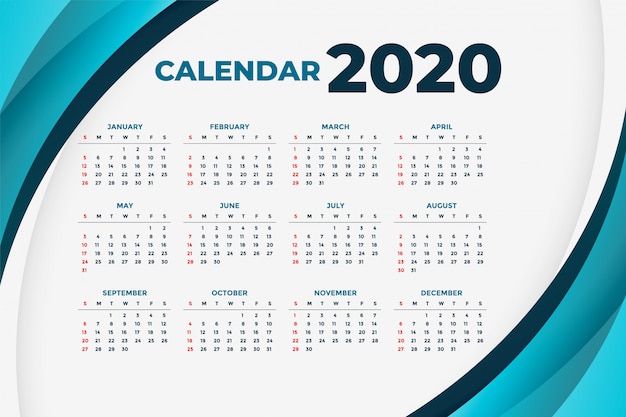 Calendario aziendale 2020 con forme curve blu