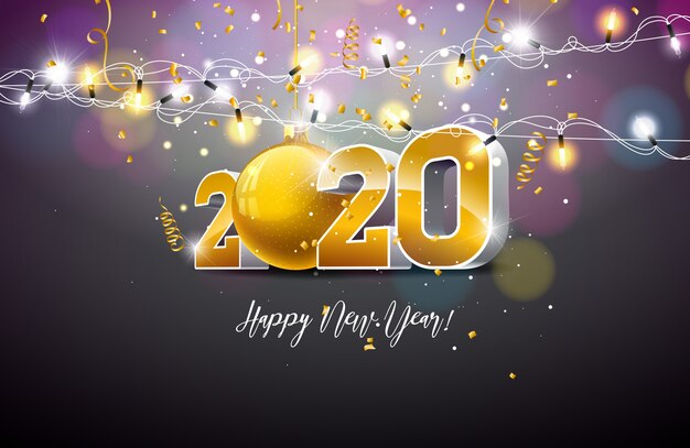 2020 Happy New Year illustration with 3d gold number, christmas ball and lights garland on dark background.