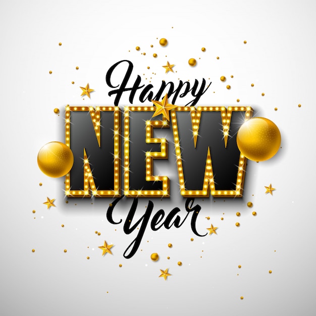 2020 Happy New Year illustration with 3d typography lettering, and Christmas ball on white background.