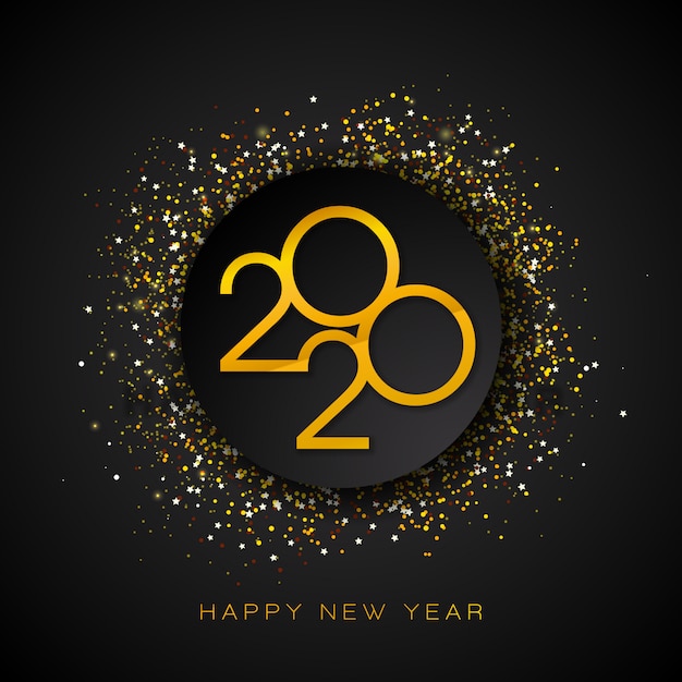 ゴールド数と黒い背景に落ちる紙吹雪と2020新年あけましておめでとうございますイラスト。