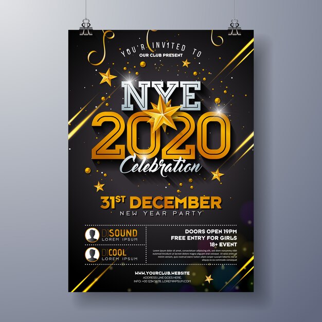 黒い背景に光沢のあるゴールドの番号を持つ2020年新年パーティーお祝いポスターテンプレートイラスト。