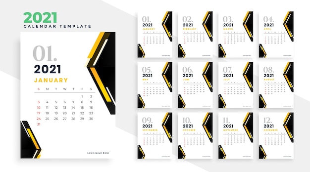 2021 calendario design in modello di stile geometrico