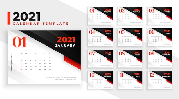 Vettore gratuito modello di progettazione del calendario 2021 con forme geometriche nere rosse