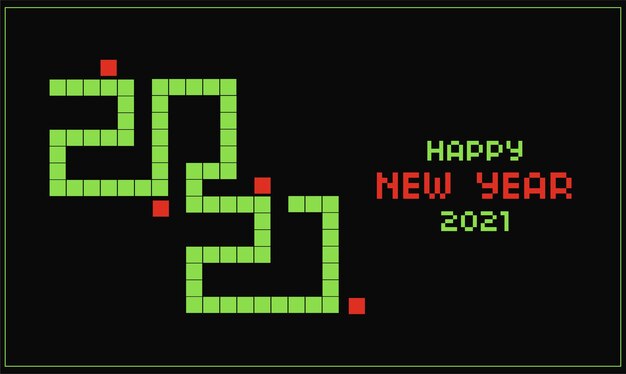 スネークゲームデザインとピクセルテキスト効果を備えた2021年明けましておめでとうゲームカード