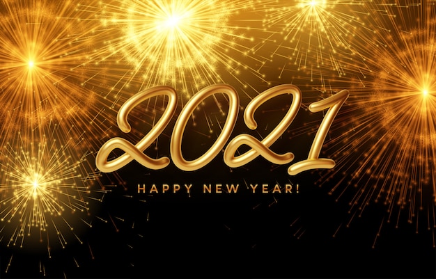 2021 happy new year golden shiny inscription on the background with bright burning fireworks.